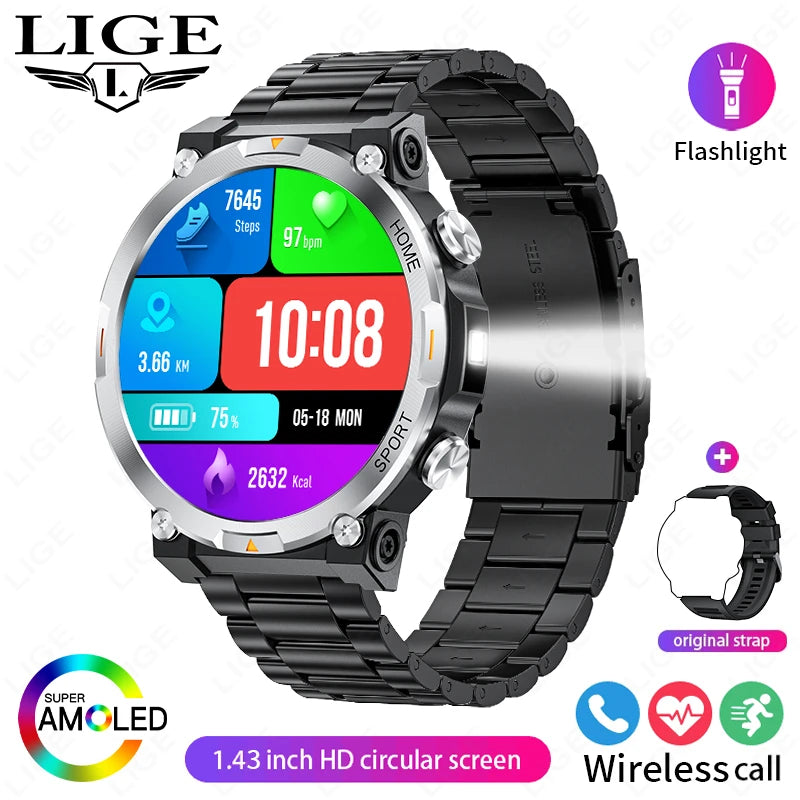 LIGE Smart Watch Men 1.43inch 466*466 AMOLED HD Screen Health Smartwatch Heart Rate Bluetooth Call Watches Sport Fitness Tracker