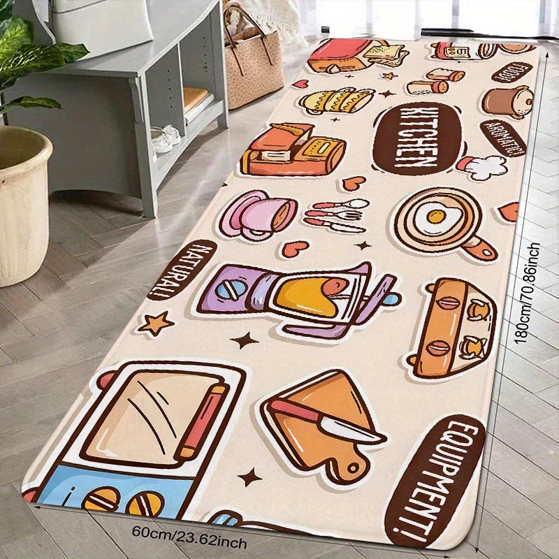 Cute Cartoon "KITCHEN" Appliances & Food Print Kitchen Mat, Non-Slip Washable Durable Runner Rug for Kitchen & Kids' Home Decor