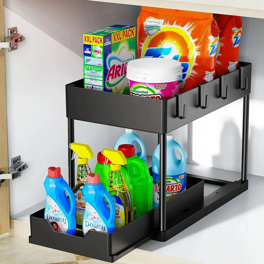 2 Tier Under Sink Sliding Cabinet Basket Organizer Storage Rack with Hooks Hanging Cup Bathroom Multifunctional Storage Rack