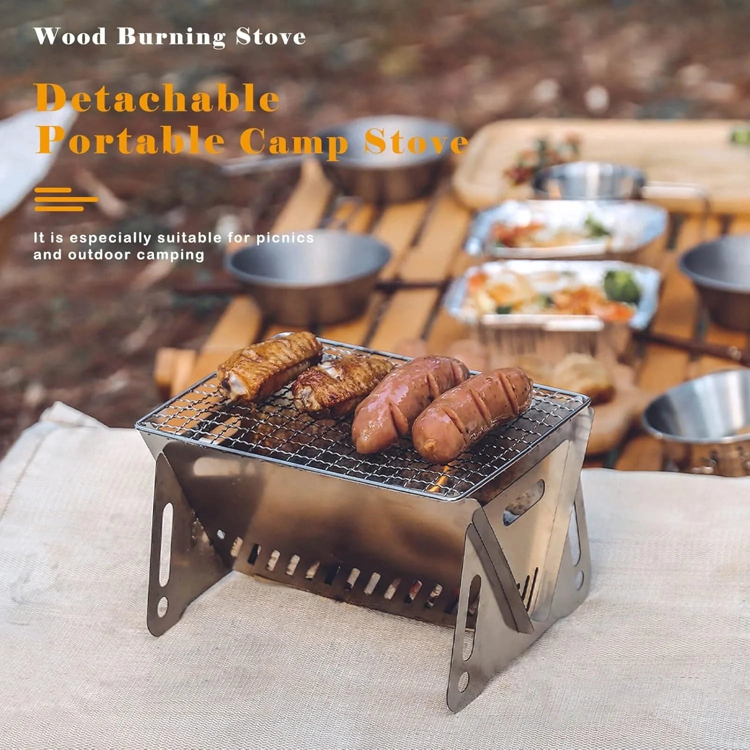 Backpacking Stove Folding Stainless Steel Charcoal Grill BBQ Wood Burning Camp Stove for Hiking Picnic Garden Backyard Cooking