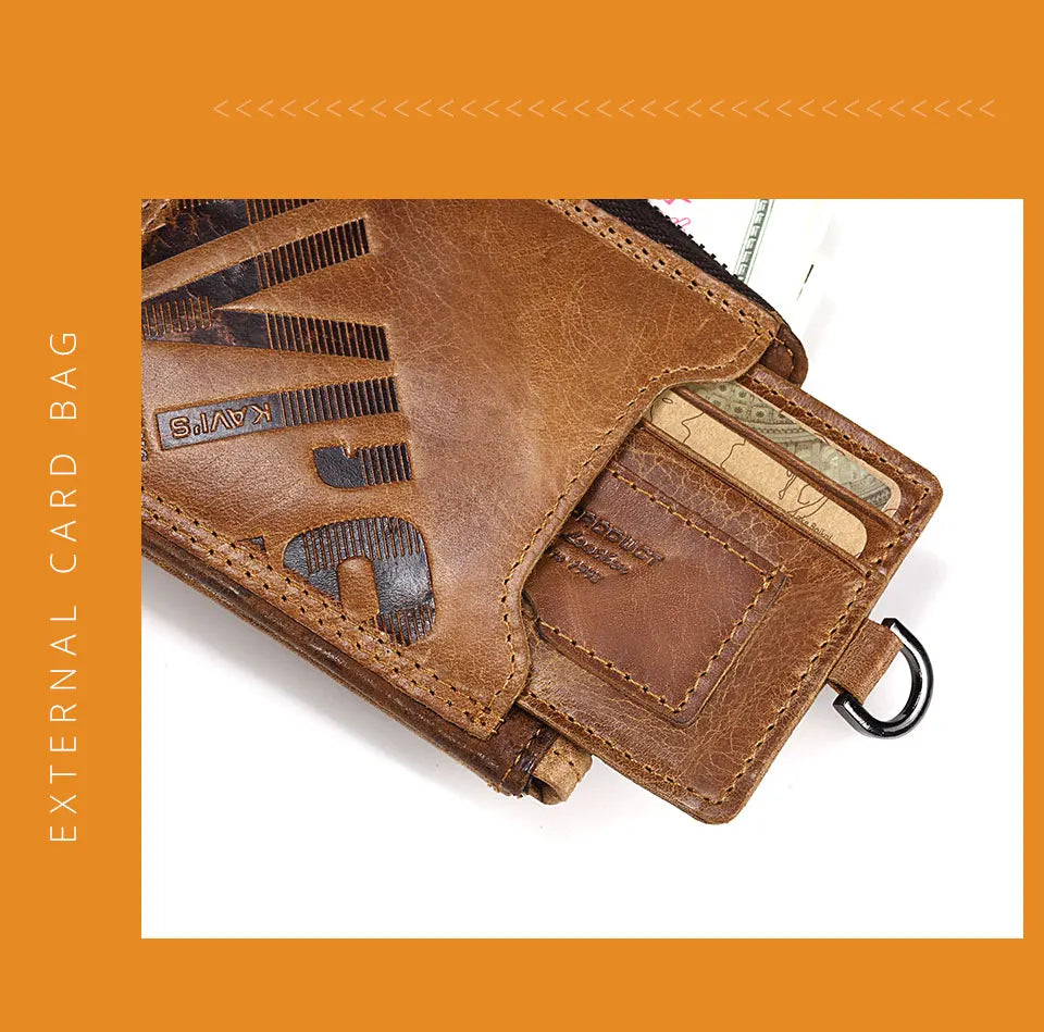 KAVIS Crazy Horse Leather Men Wallets Vintage Cowboy Travel Wallet Card Holder Fashion Coin Purse for Women with Extenal Cardbag
