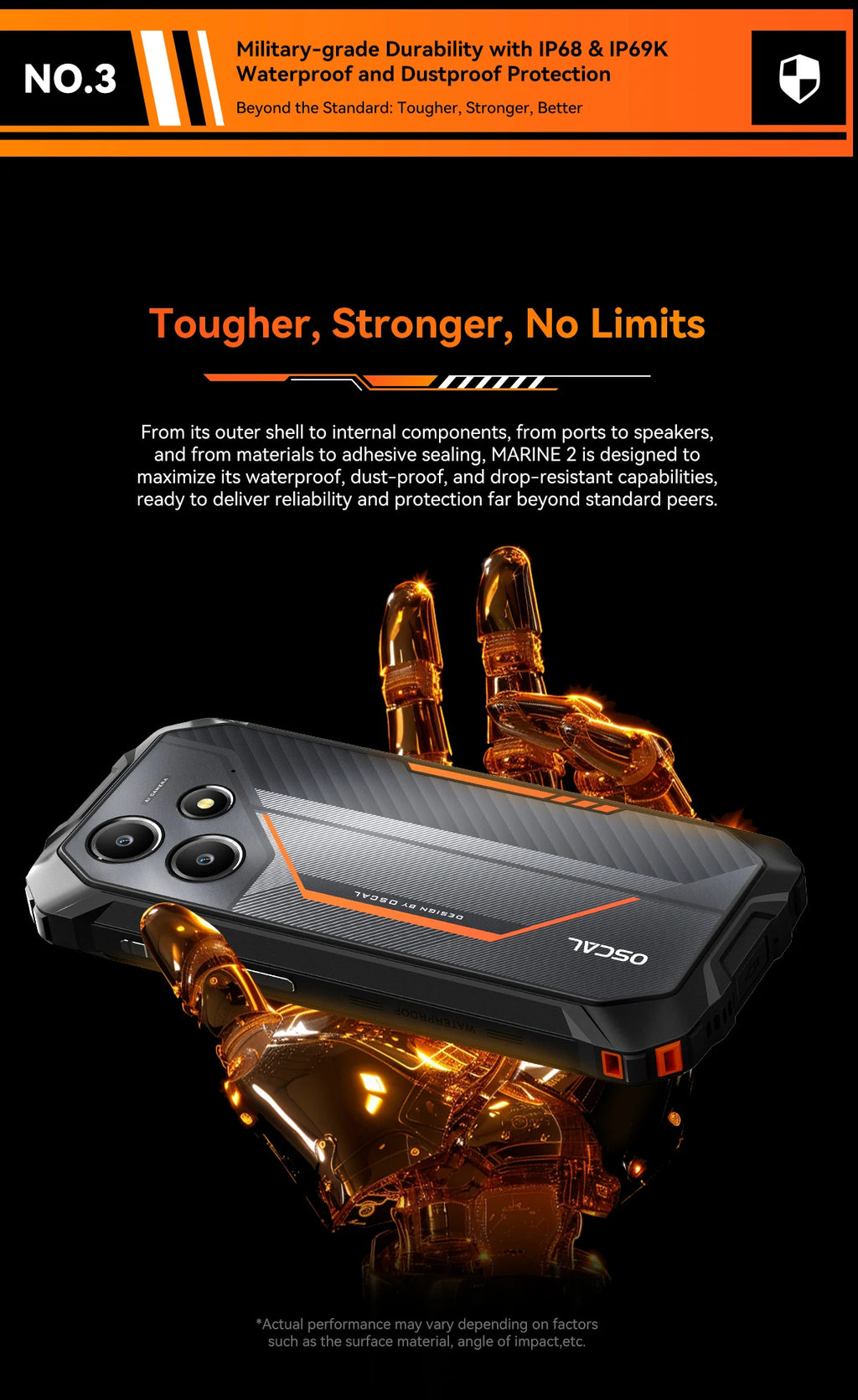 OSCAL Marine 2 AI Outdoor Mobile Phone, 6.56 Inch Rugged Smartphone Android 15, 8+16GB RAM, 256GB+2TB ROM 11000mAh, Unisoc T615