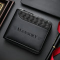 Personalized Luxury Faux Leather Wallet for Men Embossed Top, Smooth Black Faux Leather Body, Zip Closure, Multiple Card Slots