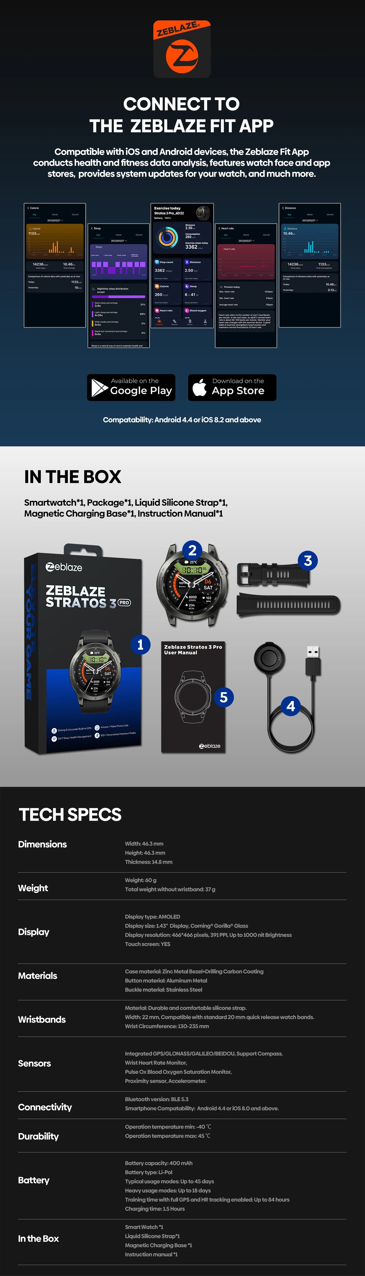[2024 World Premiere] Zeblaze Stratos 3 Pro GPS Smart Watch Built-in GPS 1.43'' AMOLED Display Bluetooth Phone Calls For Man