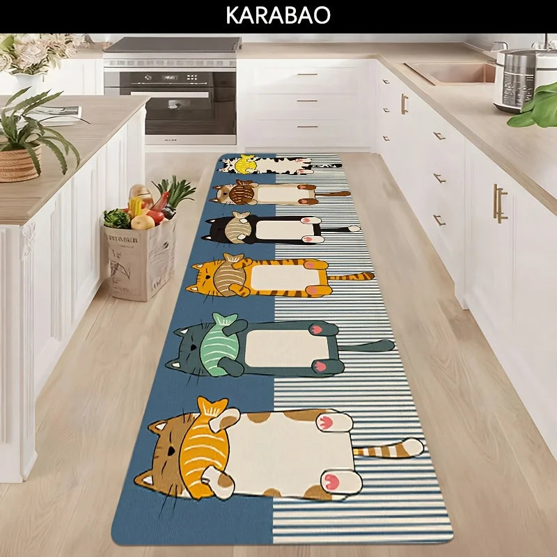 Cute Cartoon Cats & Fish Print Runner Rug, Non-Slip Washable Durable Mat for Kitchen, Laundry Room, Entryway & Kids Room