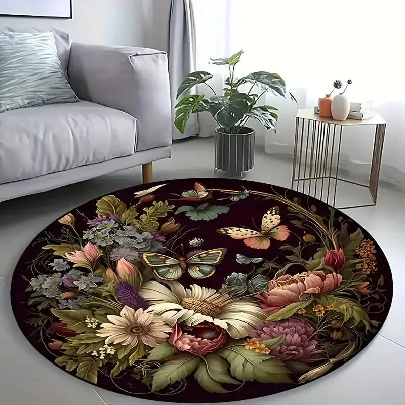 Colorful Floral Wreath Round Rug with Butterflies & Sunflowers – Nature-Inspired Home Decor for Living Room or Bedroom