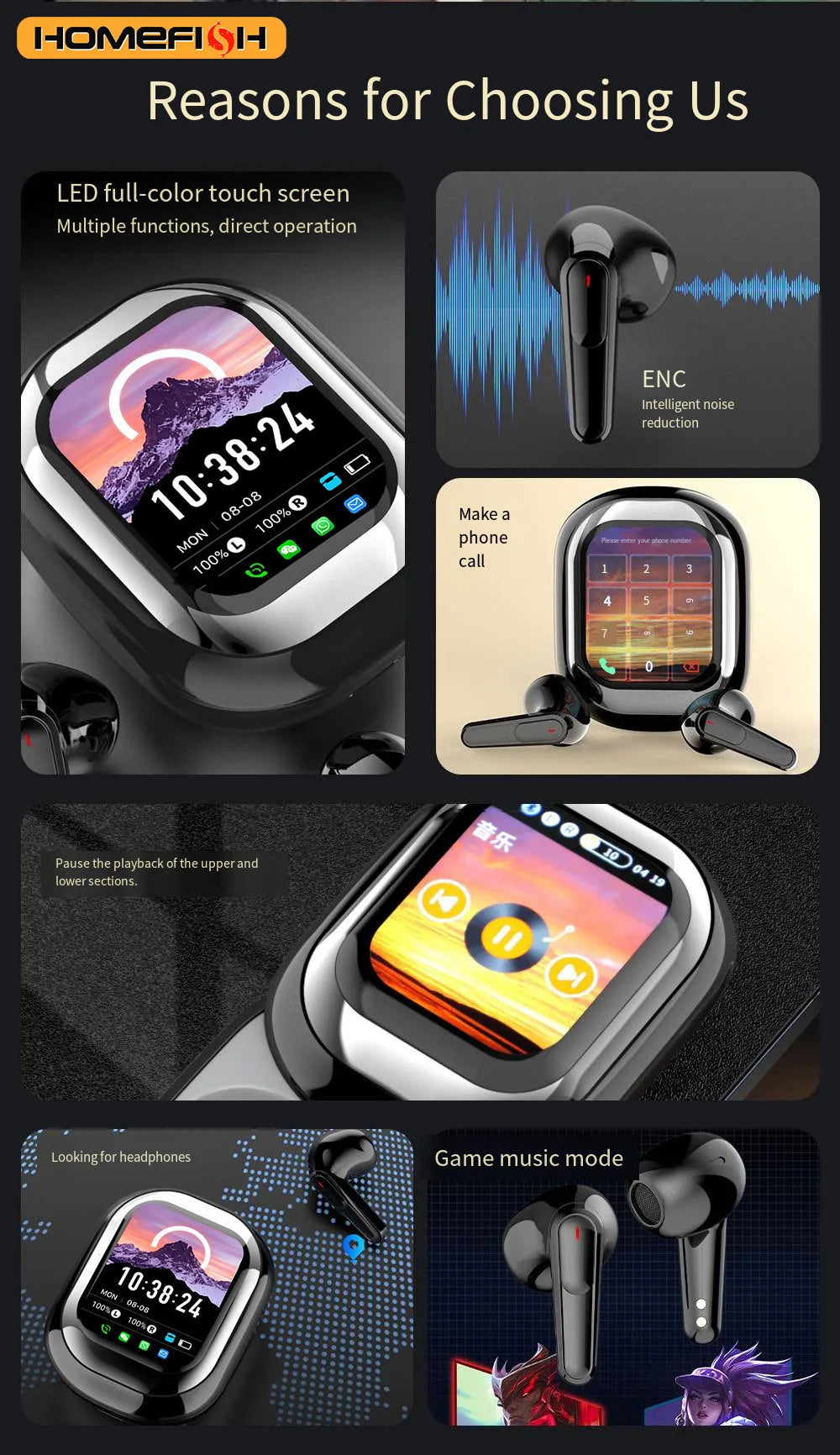 SE-ONE smart headphones with LED full-color sliding touch screen support wireless TWS headphones for receiving APP information.