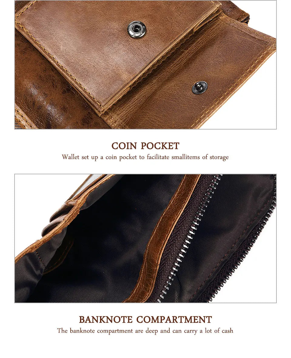 KAVIS Crazy Horse Leather Men Wallets Vintage Cowboy Travel Wallet Card Holder Fashion Coin Purse for Women with Extenal Cardbag