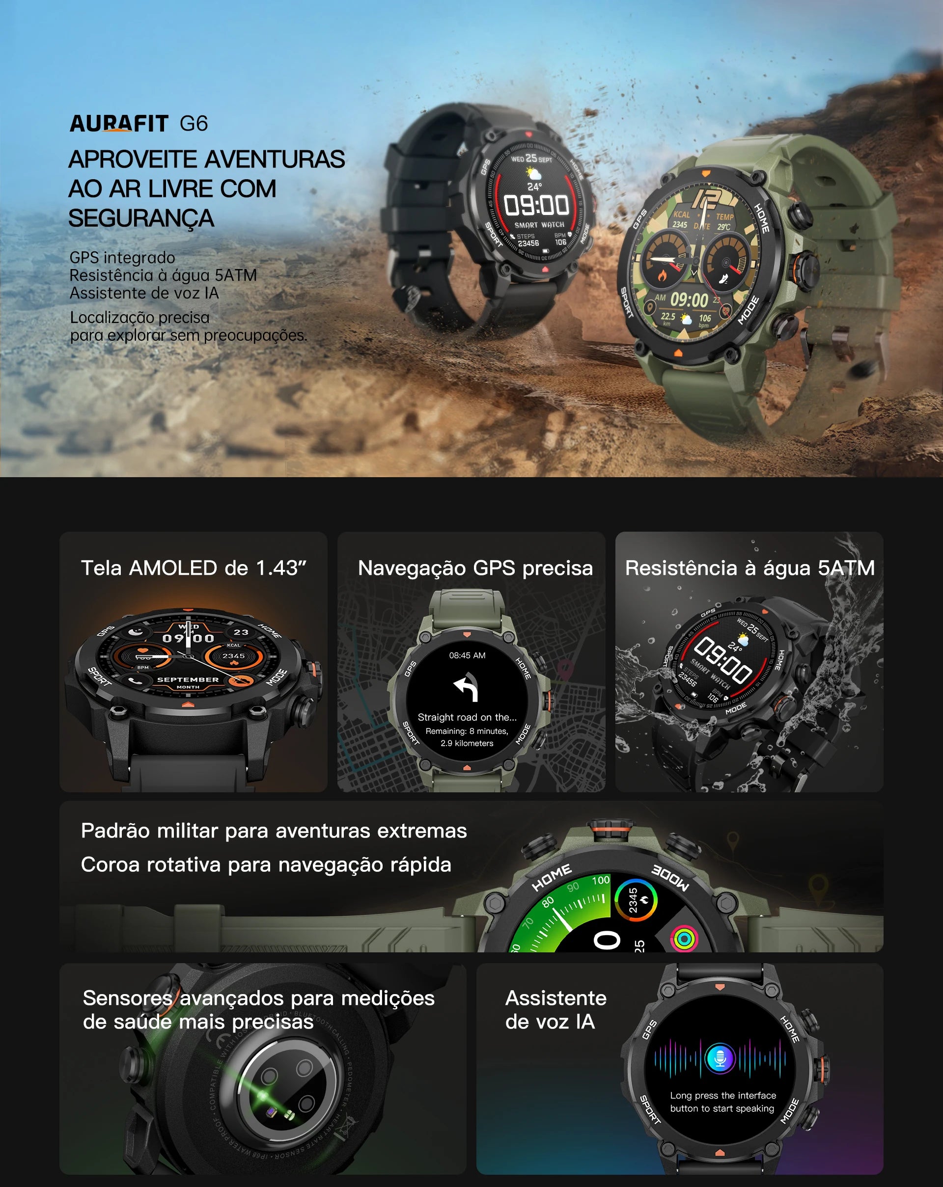 AURAFIT Reloj Hombre GPS SmartWatch 1.43 HD AMOLED GPS Integrated Telephone Llamades Deportes Smartwatch for hombres