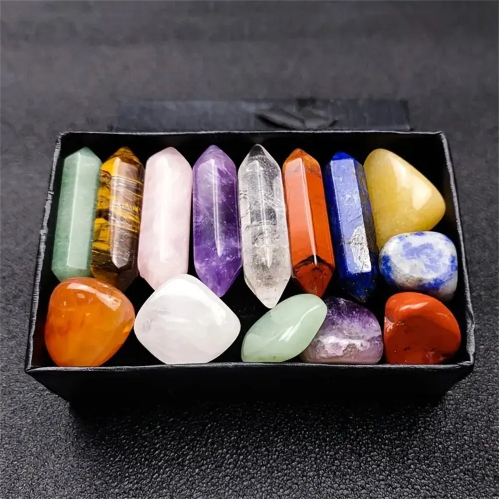 14pcs Natural Stone Chakra Crystal Column Set Color DIY Necklace Jewelry Display Decoration Suitable for Yoga Meditation Gifts