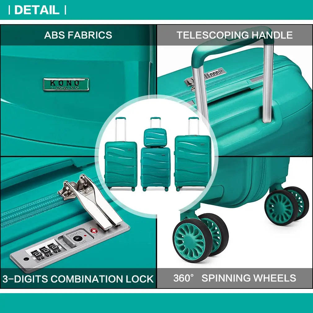 Kono Luggage 4-Piece Lightweight Polypropylene Hard Shell Suitcase Set with TSA Locks & Spinner Wheels - 14"/20"/24"/28"