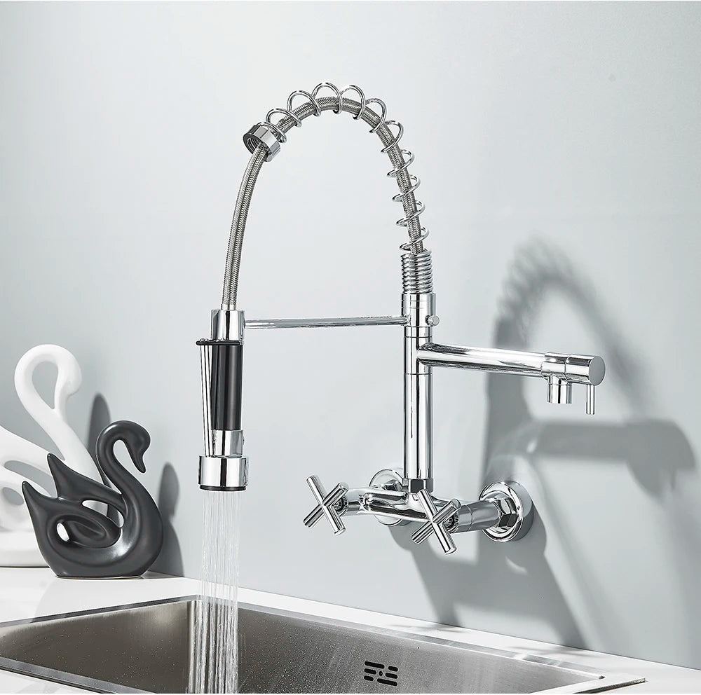 Gold Black Kitchen Faucet Wall Mount Pull Down Tap Vessel Sink Hot Cold Water Mixer Tap Spring Dual Swivel Spouts Sink Crane