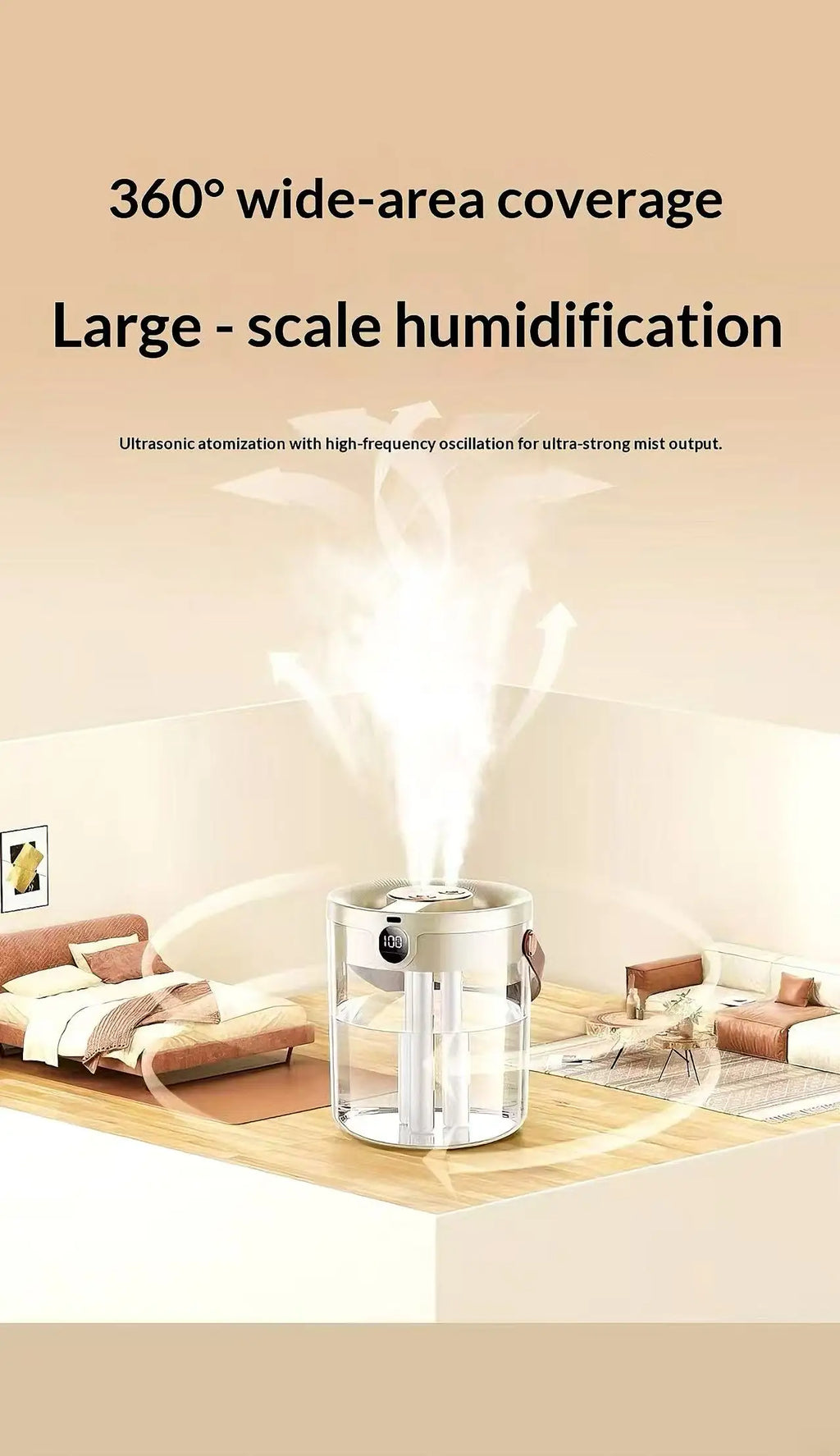 Portable Ultrasonic Humidifier 3 Spray Nozzles Digital Screen Night Light Large Water Tank Silent Aroma Diffuser for Home Use