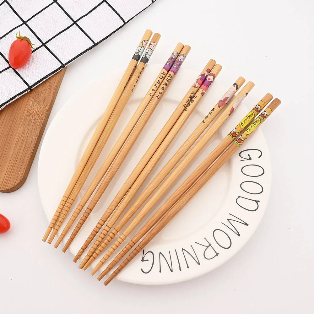 Reusable 5Pairs Tableware Handmade Bamboo Japanese Natural Wood Chopsticks Sushi Food Cat Flower Multi Color Wooden Chop Sticks