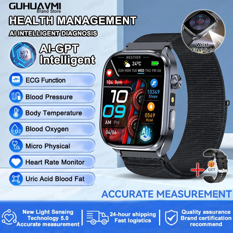 2026New Accurate Diagnosis Smart Watch ECG Blood Oxygen BP Uric Acid Lipids HD AMOLED Screen BT Call Health Smartwatch Men Women