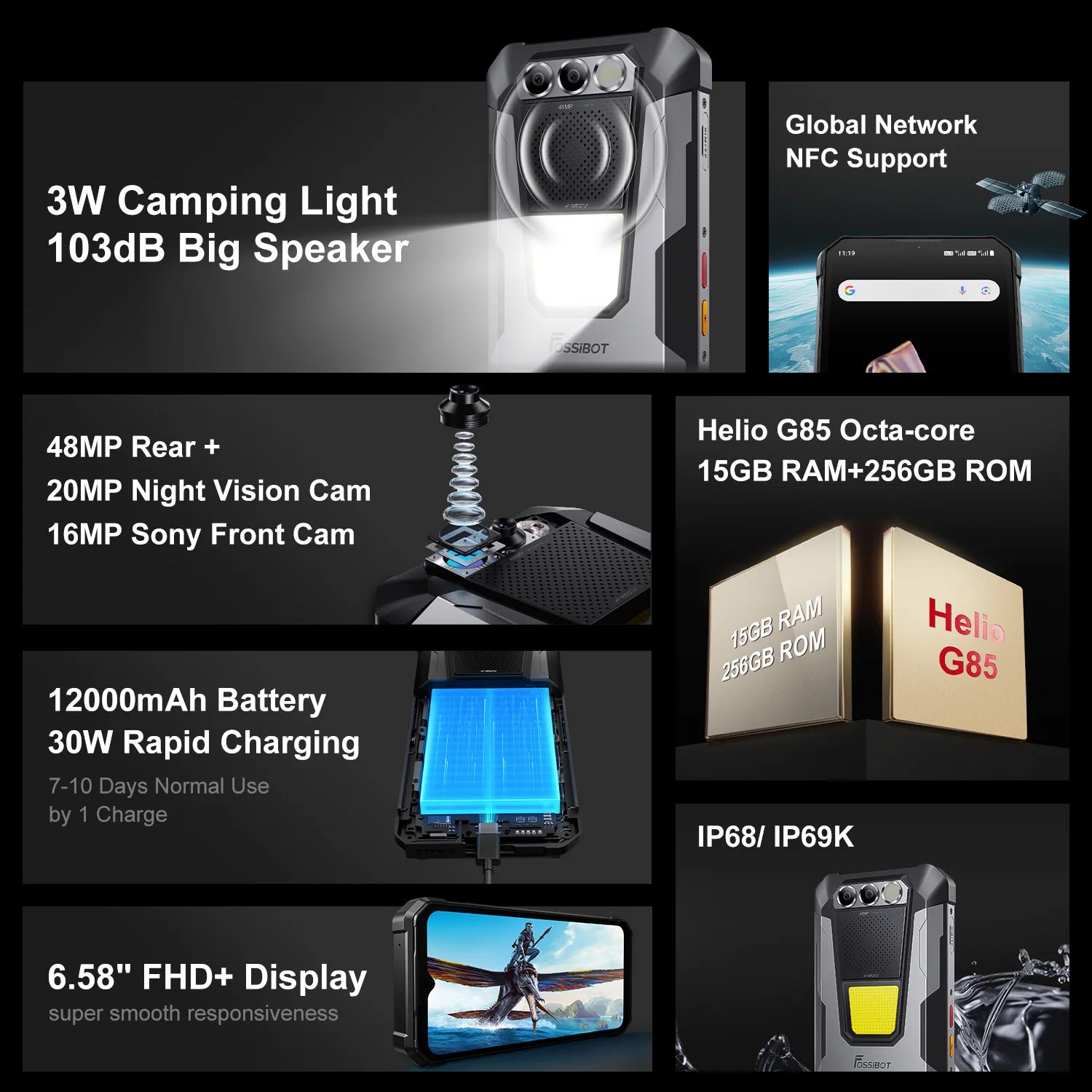 FOSSIBOT F106 PRO MTK G85 4G Android 14 15GB(8+7GB Extended) 256GB ROM Rugged Smartphone 12000mAh Battery 48MP Camera NFC