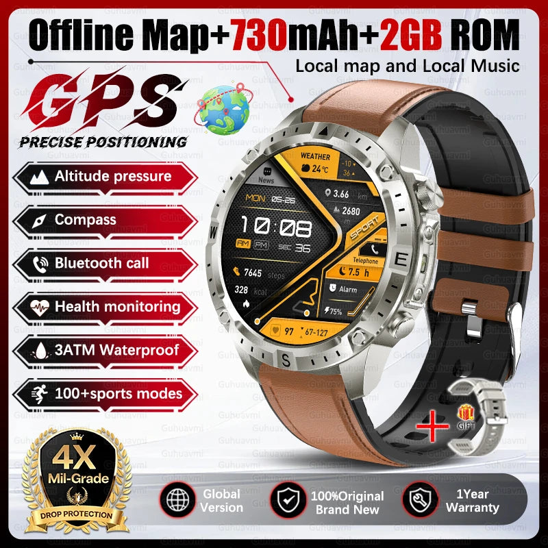 2026 Outdoor GPS Smart Watch Men 2GB ROM Offline Map 730mAh Battery 3ATM Waterproof Compass Altimeter Health Monitor Smartwatch