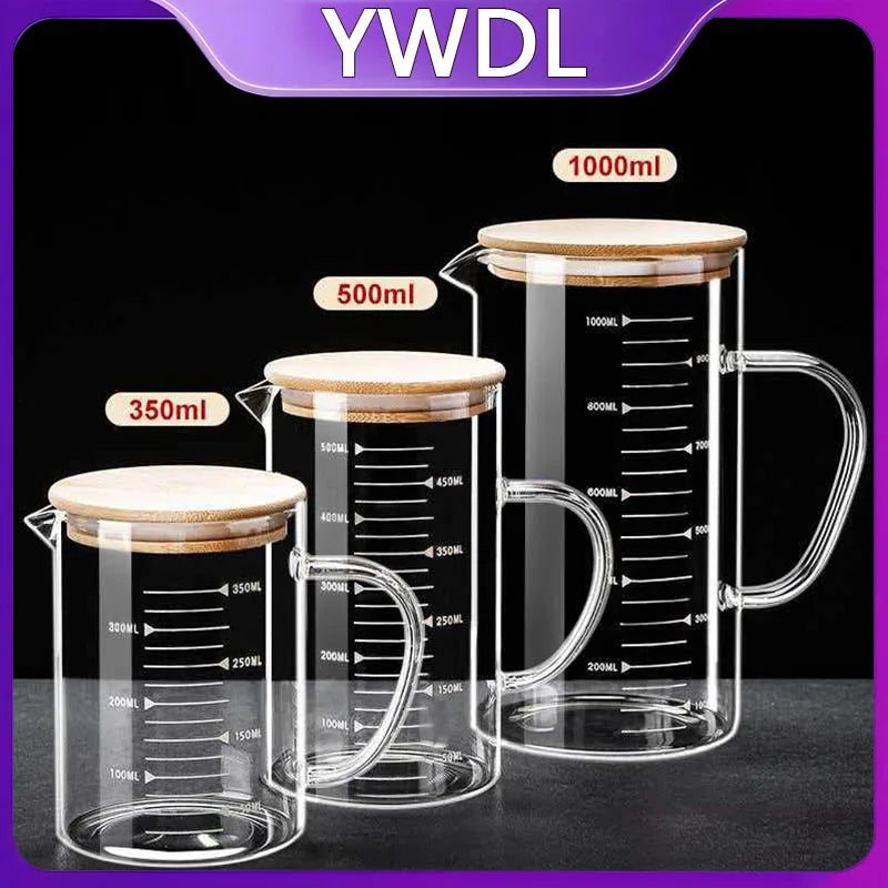 YWDL Food Grade Glass Measuring Cups Kettle Kitchen Milk Tea with Lid and Handle Laboratory Beaker Measuring Mug 250-1000ML
