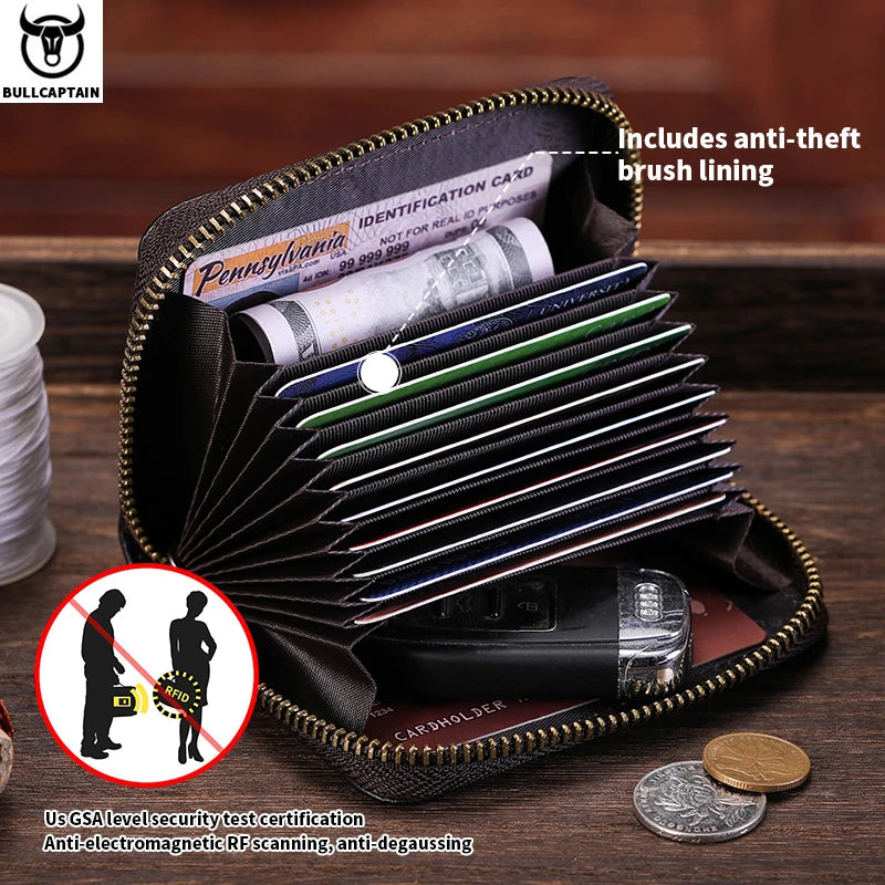 BULLCAPTAIN Genuine Card Bag Men's Casual Business Credit Card Holder Multifunctional RFID Anti-Theft 11 Card Slots Coin Purse