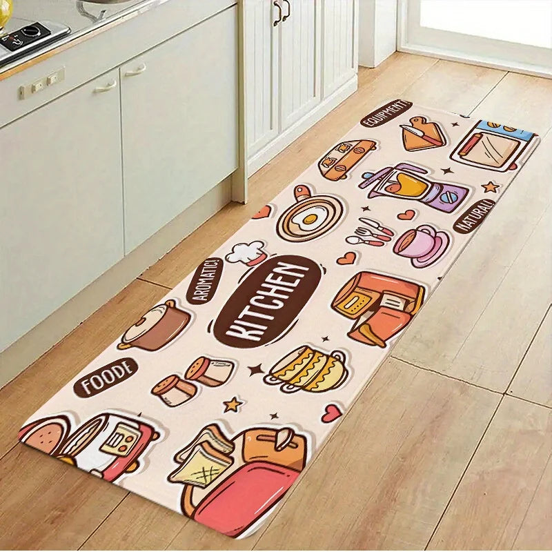 Cute Cartoon "KITCHEN" Appliances & Food Print Kitchen Mat, Non-Slip Washable Durable Runner Rug for Kitchen & Kids' Home Decor