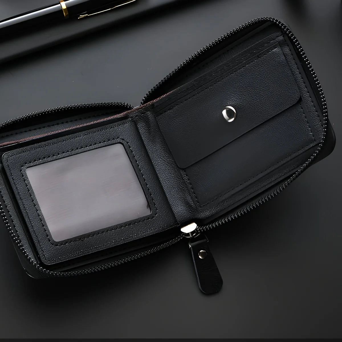 Personalized Luxury Faux Leather Wallet for Men Embossed Top, Smooth Black Faux Leather Body, Zip Closure, Multiple Card Slots