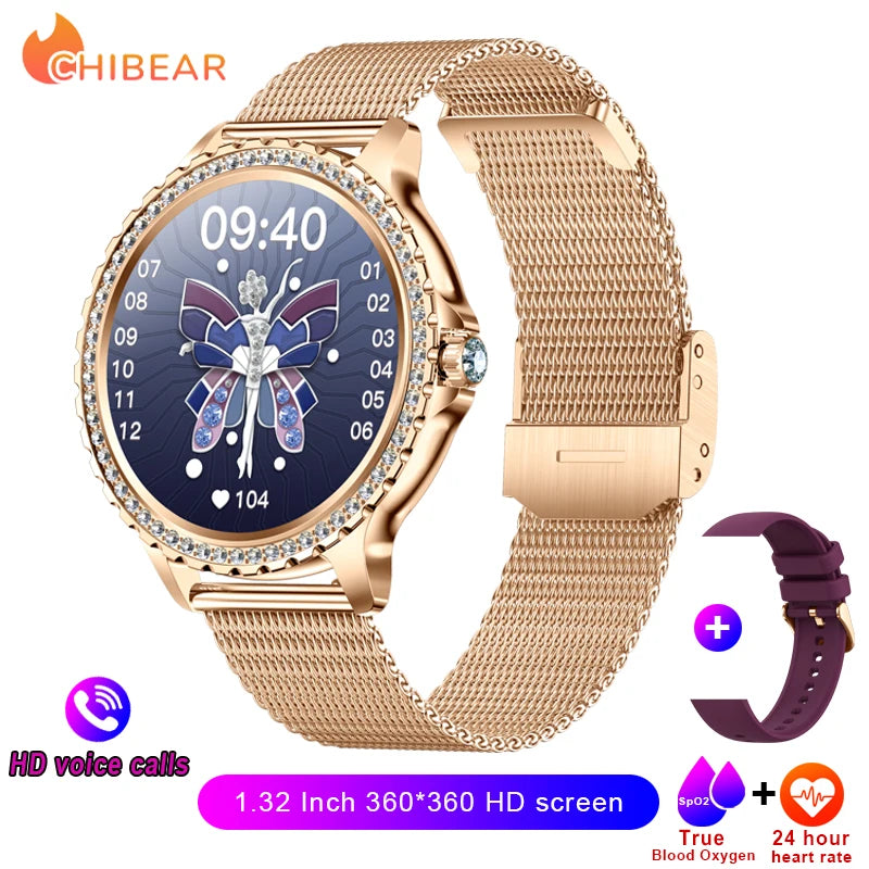 2026 New Fashion Women Diamond Watch 1.32 inch 360*360 HD Display Heart Rate Blood Oxygen Monitoring Bluetooth Call Smartwatch