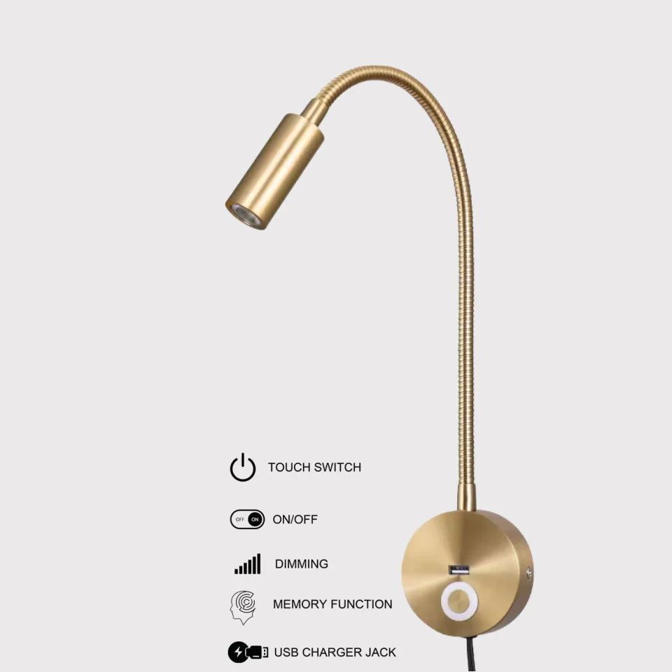 Tokili LED Golden Wall Lamp w/ USB Charger & Touch Dimmer - Bendable Gooseneck Bed Headboard Spotlight Sconce for Reading Lights