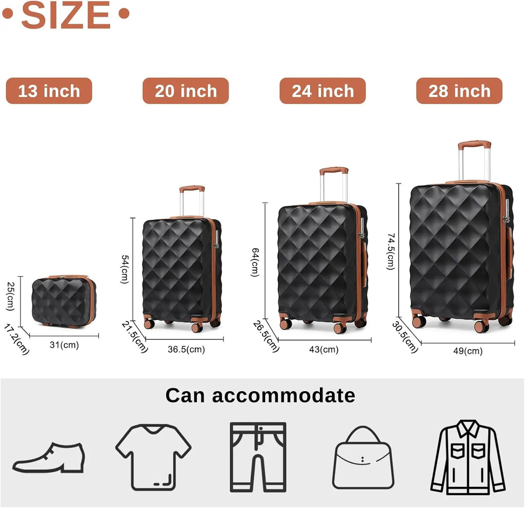 British Traveller 13/20/24/28 Inch Luggage Set with Travel Bag, Interlockable ABS+PC Hard Shell Suitcase, Side Embedded TSA Lock, Smooth Silent TPE Spinner Wheels, Full YKK Zipper Large Capacity Travel Suitcase for Overseas B