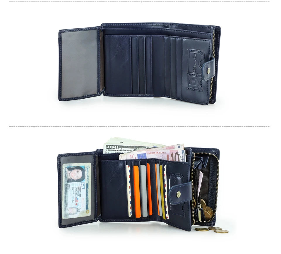 CONTACT'S Genuine Leather RFID Vintage Wallet Men With Coin Pocket Short Wallets Small Zipper Wallet With Card Holders Man Purse