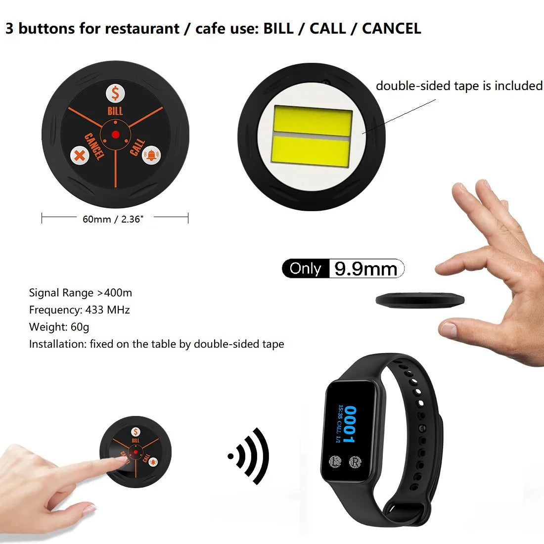 BYHUBYENG Wireless Calling System Watch Receiver Caller Wait Watch Pager with Calling Buttons for Restaurant Cafe Hotel