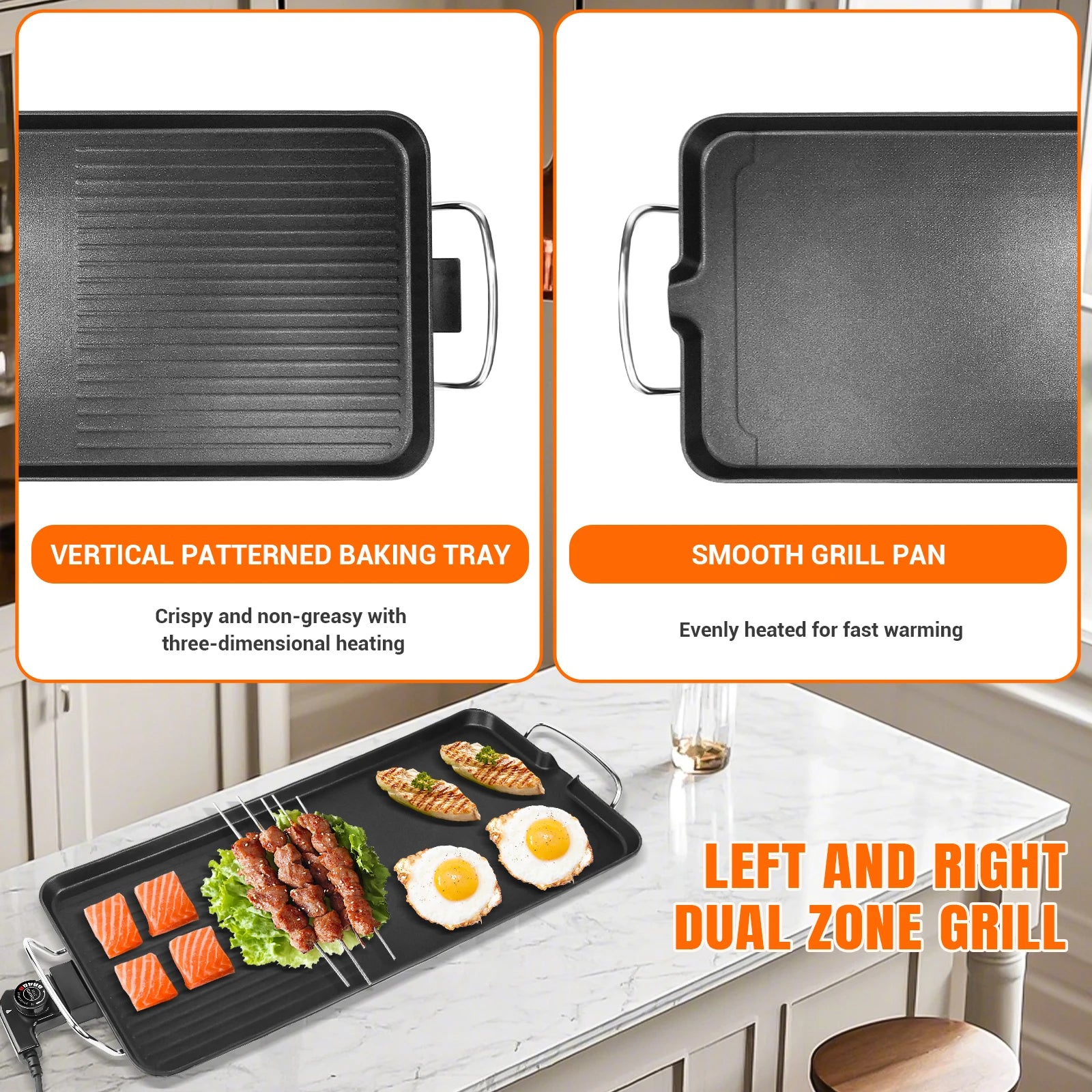 Electric Large Teppanyaki Grill Table Top Smokeless Grill, Portable BBQ Barbecue Griddle Non-stick Hot Plate with Adjustable Thermostat 1500W for Family Party Camping