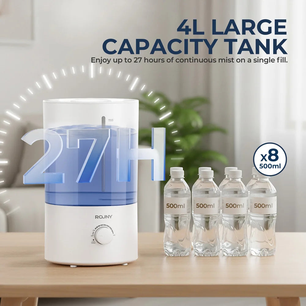 ROUNY Air Humidifier, 4L Large Capacity Ultrasonic Humidifier with Low Water Protection, 360° & Quiet & BPA-Free, White