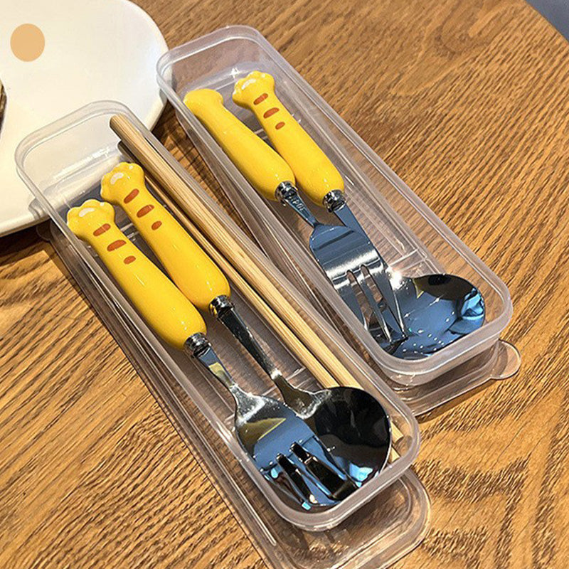 Children Cartoon Animals Cutlery Stainless Steel Spoon Fork Set Portable Outdoor Lunch Tableware with Box Kitchen Accessories