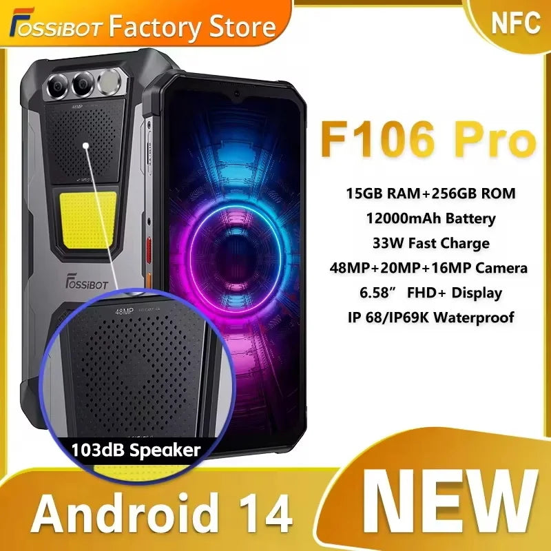 FOSSIBOT F106 PRO MTK G85 4G Android 14 15GB(8+7GB Extended) 256GB ROM Rugged Smartphone 12000mAh Battery 48MP Camera NFC
