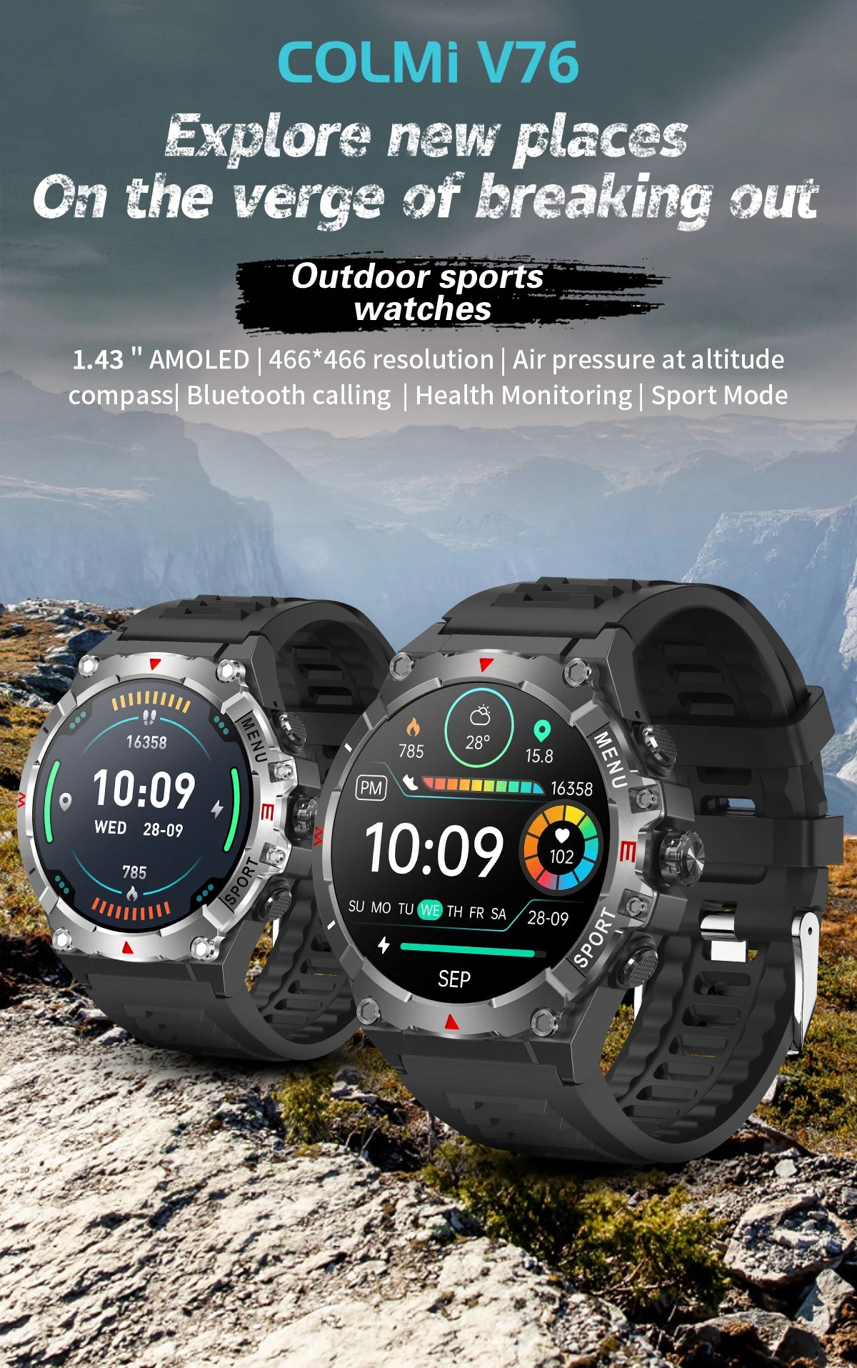 2025 COLMI V76 GPS Smartwatch 1.43" Ultra AMOLED Display Built-in Compass Altimeter Bluetooth Call Smart Watch 500mAh Battery