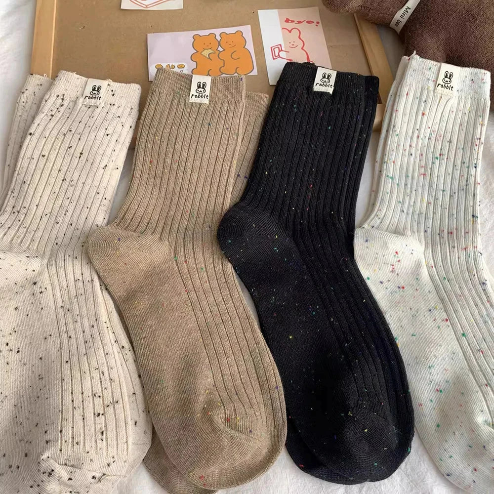 4 Pairs Women Cartoon Print Mid Tube Socks Fashionable Spring Summer Sweat Absorbing Breathable Soft Comfortable Casual Socks