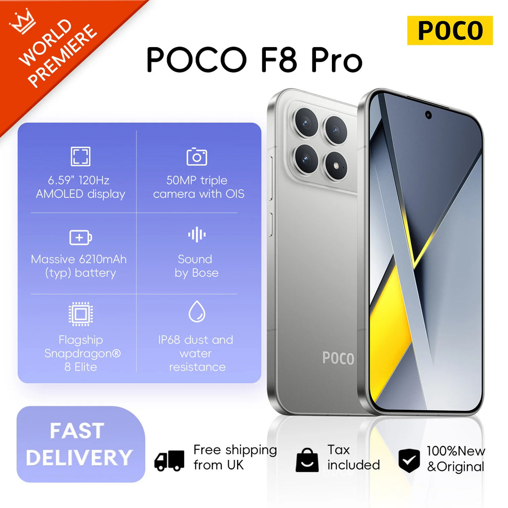 POCO F8 Pro 5G, 12+512GB Global Version, Dual eSIM 6.59" 120Hz Eye-care AMOLED Display 3nm Flagship Snapdragon® 8 Elite 50MP 6210mAh 100W NFC