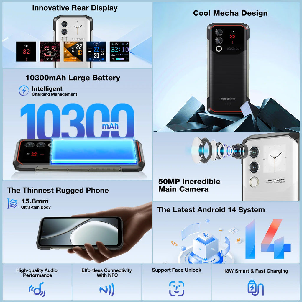 DOOGEE Blade10 Max Rugged Phone 6.56" 90Hz IPS Display 10300mAh Battery Phone 8GB 256GB 1.54" Rear Display 50MP AI Main Camera