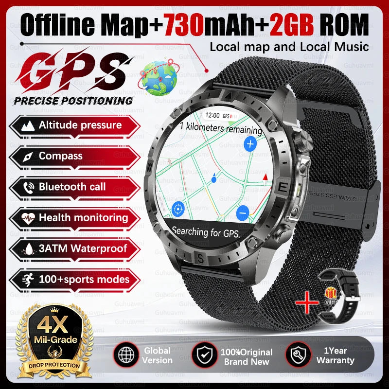 2026 Outdoor GPS Smart Watch Men 2GB ROM Offline Map 730mAh Battery 3ATM Waterproof Compass Altimeter Health Monitor Smartwatch