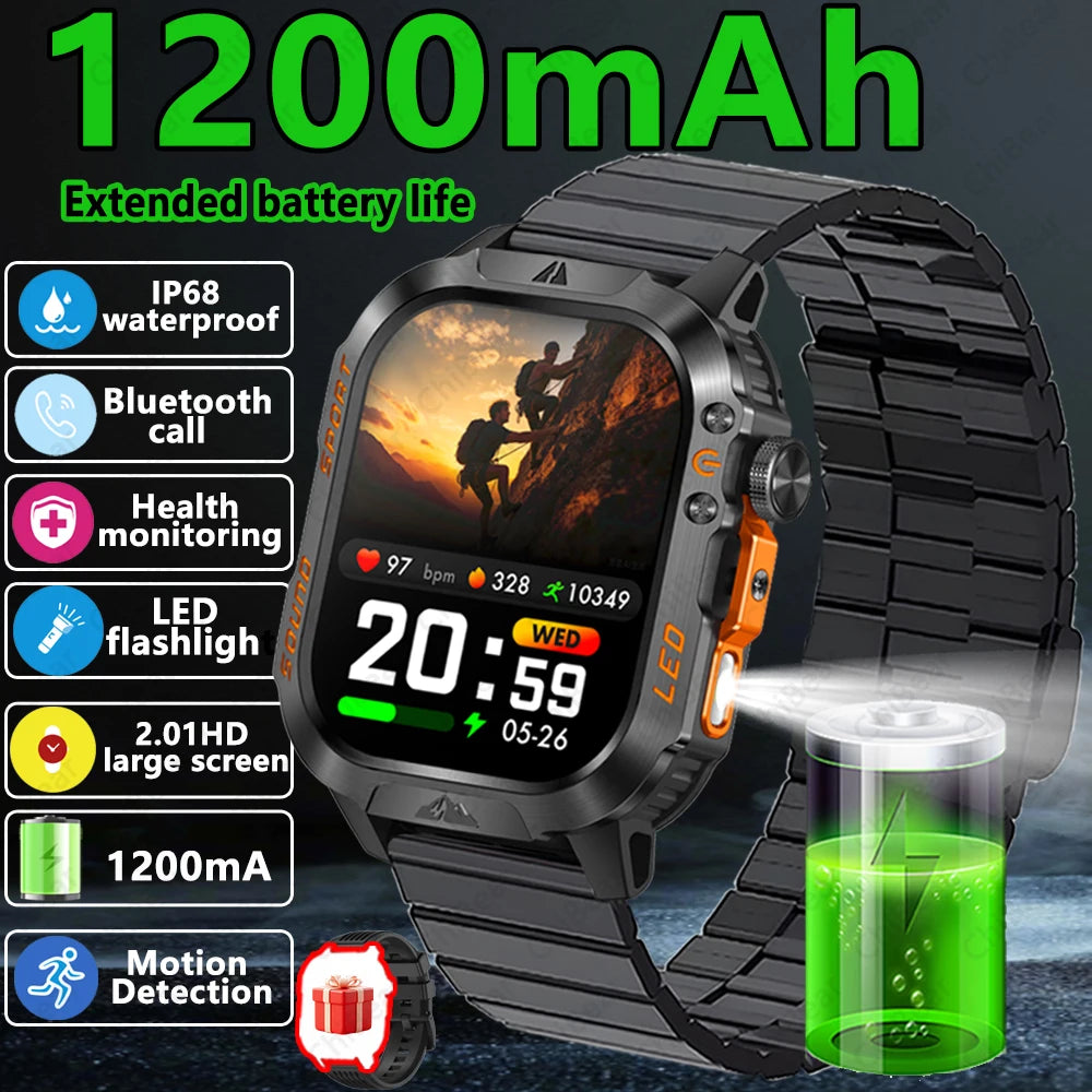 2026 New Outdoor Military Smart Watch 1200mAh Battery GPS HD Call Health Monitoring 2.01-inch Waterproof Sports Smartwatch Men