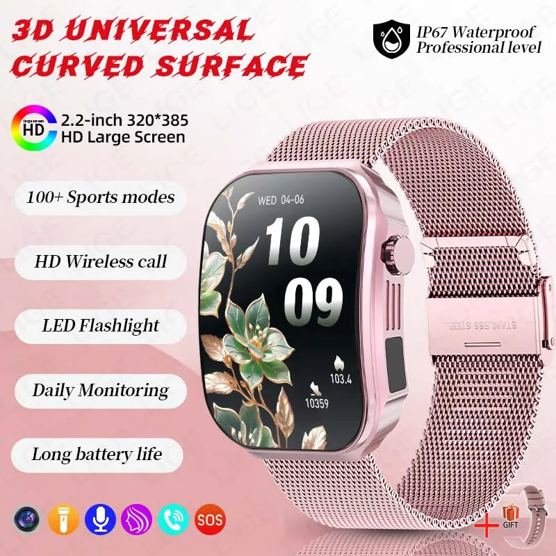 3D Curved Screen Smart Watch 2.2" Large HD Display Bluetooth Call Waterproof Flashlight Outdoor Sport Smartwatch Women 2026 New