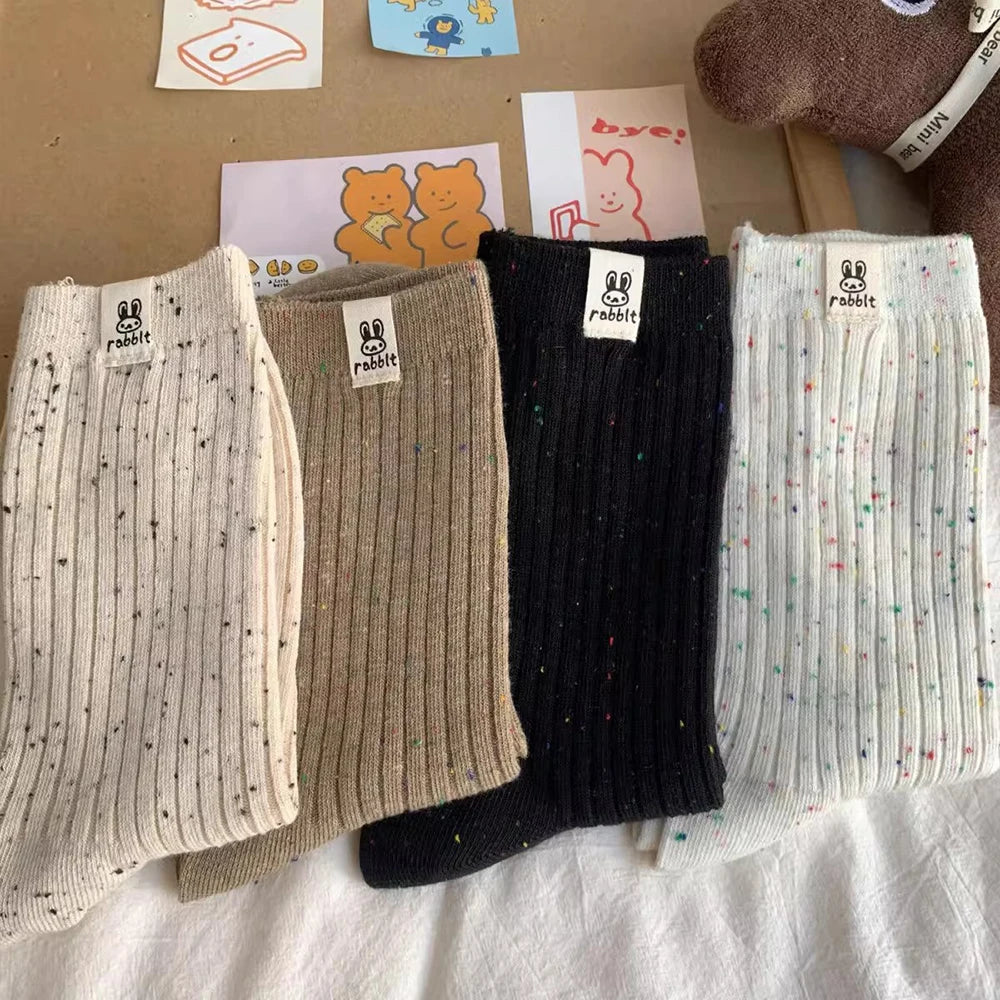 4 Pairs Women Cartoon Print Mid Tube Socks Fashionable Spring Summer Sweat Absorbing Breathable Soft Comfortable Casual Socks