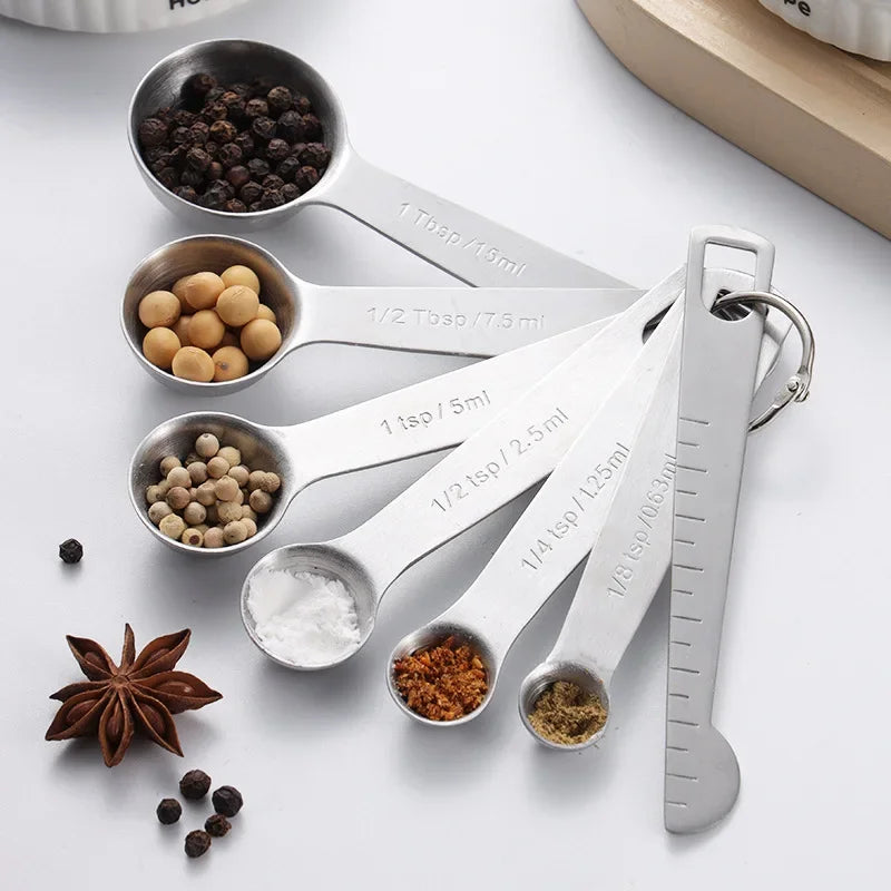Stainless Steel Measuring Spoon 4/6/7/8 Pcs Set with Scale Measuring Ruler Spoons Coffee Baking Measuring Kitchen Tool Set