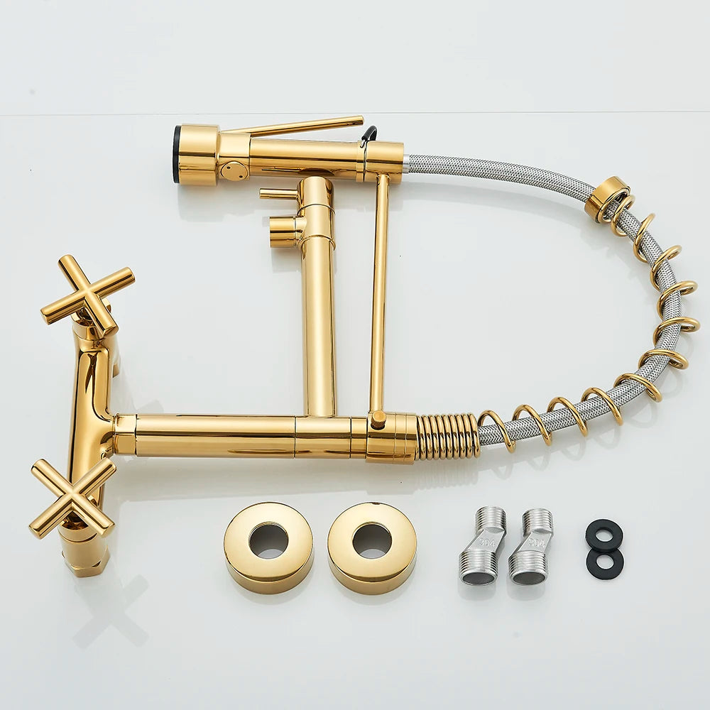 Gold Black Kitchen Faucet Wall Mount Pull Down Tap Vessel Sink Hot Cold Water Mixer Tap Spring Dual Swivel Spouts Sink Crane