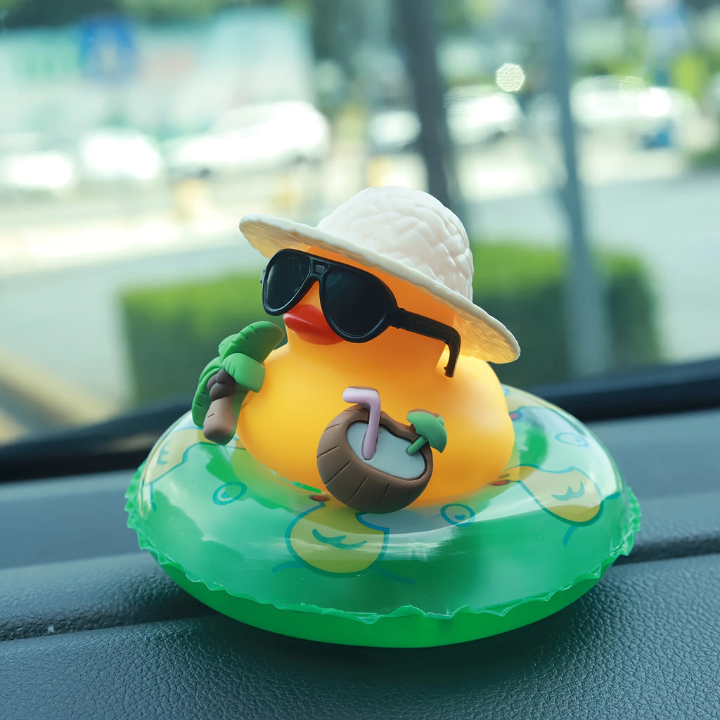 Tropical Rubber Duck Car Ornament, Funny Beach Duck with Sunglasses, Coconut Float, Car Interior Decor, Dashboard Accessories