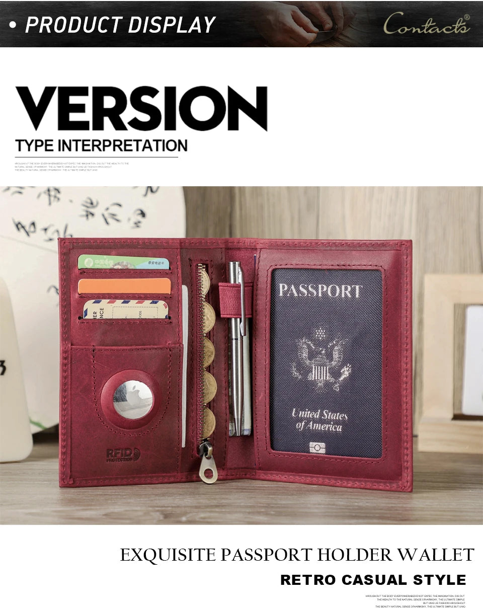 CONTACT'S Genuine Leather Passport Wallet Card Holder Coin Purse AirTag Slot Men Travel Wallet Women‘s Purse Passport Cover Bag