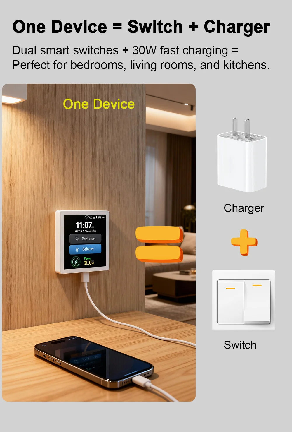 Tuya Smart Home 4-Inch Touch Screen Dual Control Switch 30w Fast Charging Intelligent Control Rechargeable Intelligent Switch