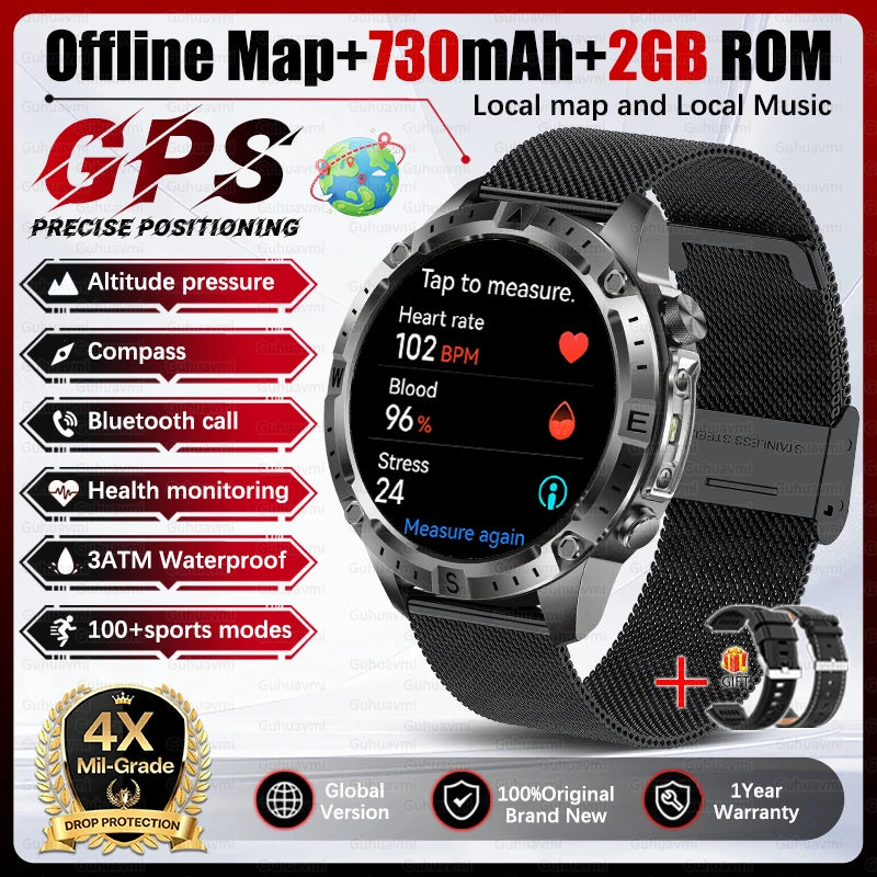2026 Outdoor GPS Smart Watch Men 2GB ROM Offline Map 730mAh Battery 3ATM Waterproof Compass Altimeter Health Monitor Smartwatch