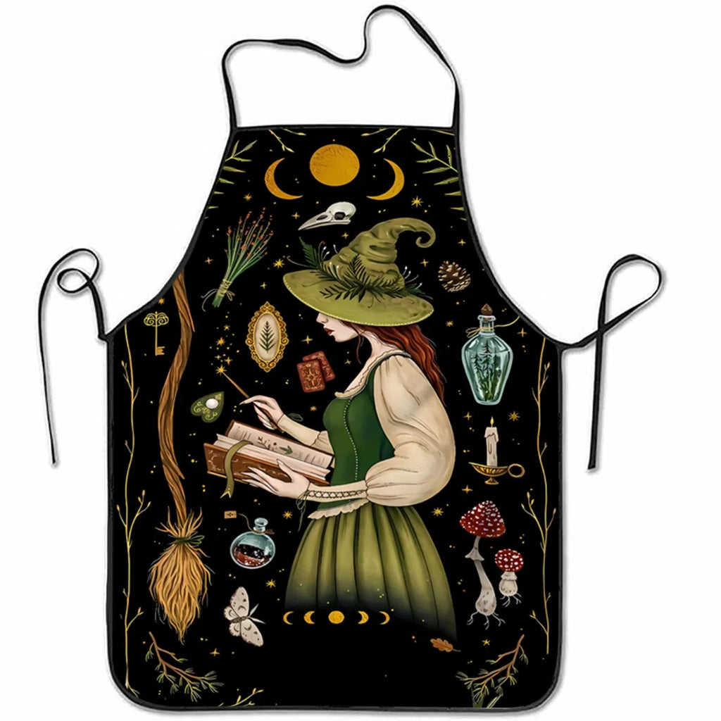 1pc Large Witch Reading Spellbook Apron - Gothic Witch Design with Magical Items Dark Green Black Kitchen Apron for Halloween