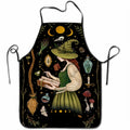 1pc Large Witch Reading Spellbook Apron - Gothic Witch Design with Magical Items Dark Green Black Kitchen Apron for Halloween